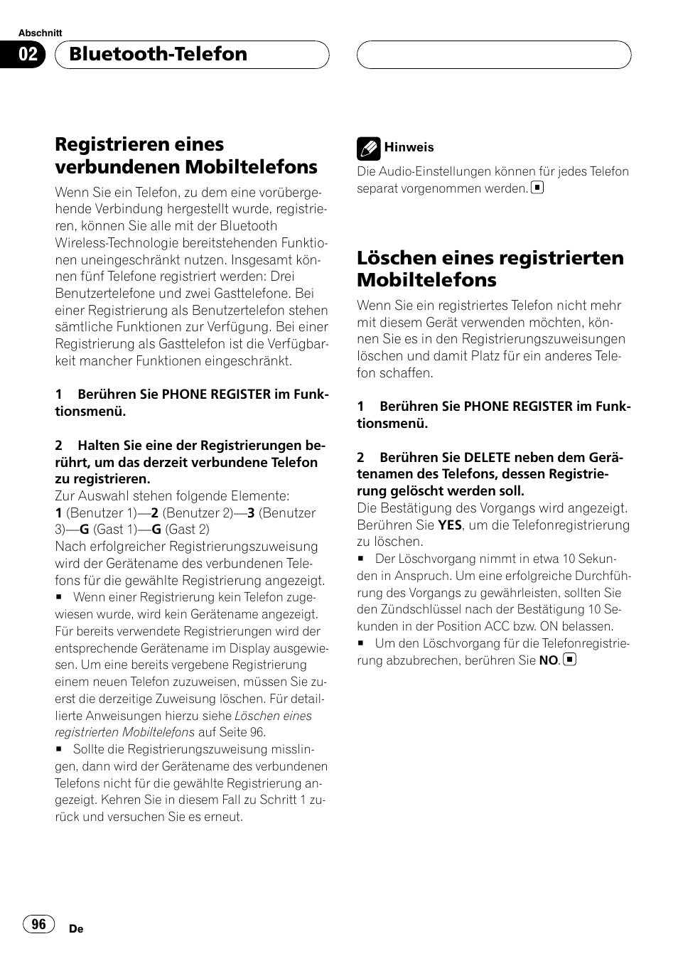 Registrieren eines verbundenen, Mobiltelefons, Löschen eines registrierten | Registrieren eines verbundenen mobiltelefons, Löschen eines registrierten mobiltelefons, Bluetooth-telefon | Pioneer CD-BTB100 User Manual | Page 96 / 175