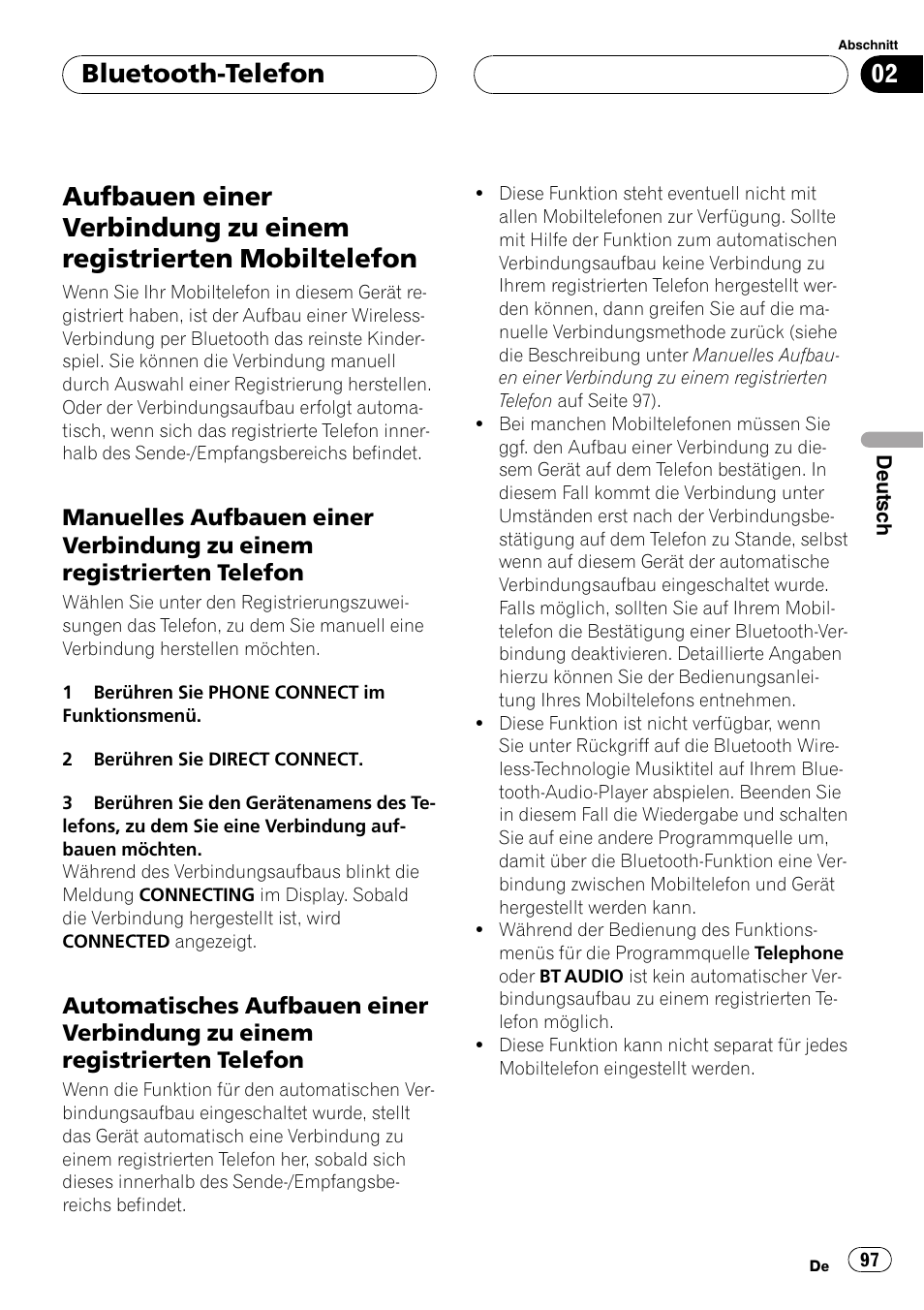 Aufbauen einer verbindung zu einem, Registrierten mobiltelefon, Manuelles aufbauen einer verbindung | Zu einem registrierten telefon, Automatisches aufbauen einer, Verbindung zu einem registrierten telefon, Bluetooth-telefon | Pioneer CD-BTB100 User Manual | Page 97 / 175