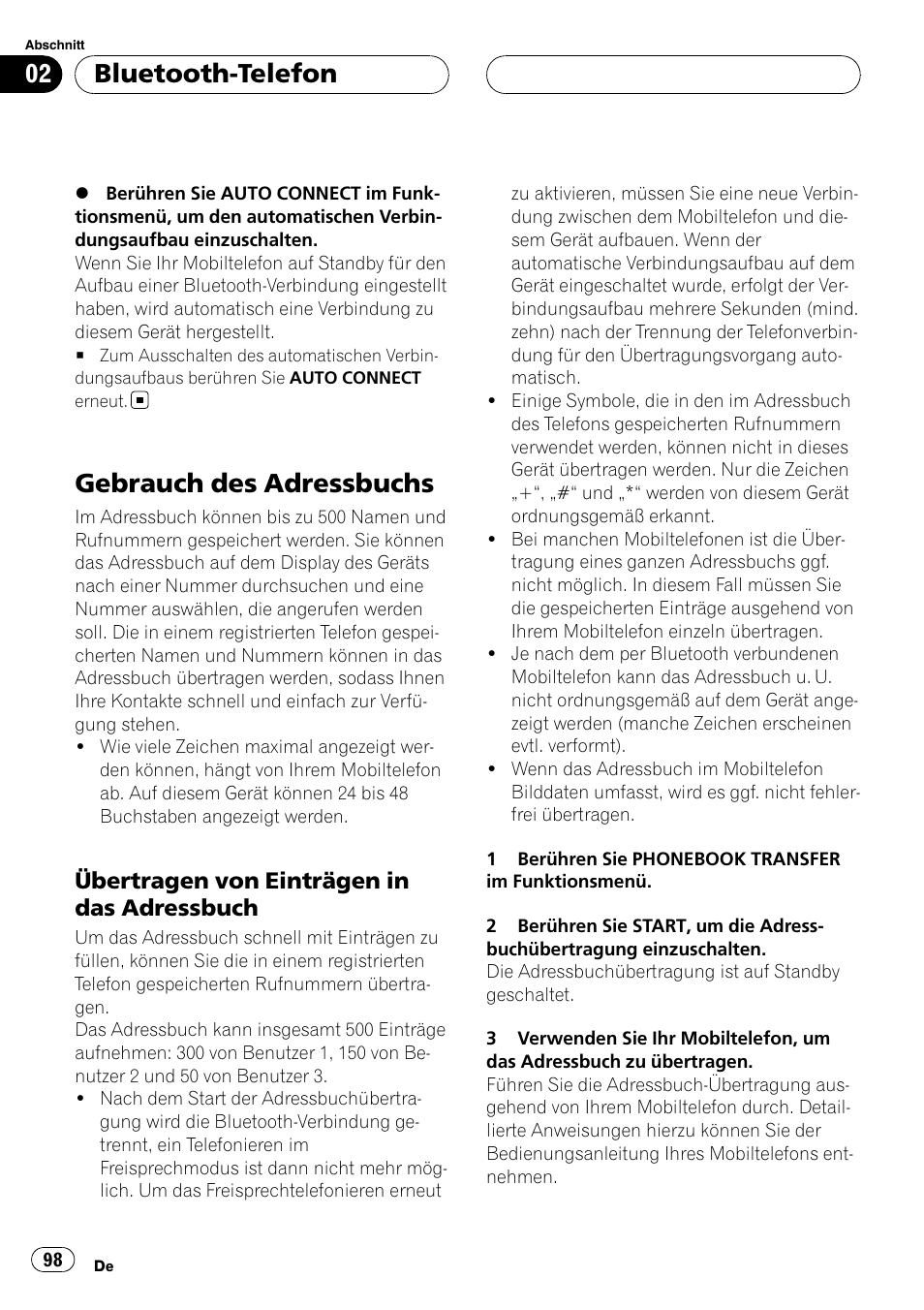 Gebrauch des adressbuchs, Übertragen von einträgen in das, Adressbuch | Bluetooth-telefon, Übertragen von einträgen in das adressbuch | Pioneer CD-BTB100 User Manual | Page 98 / 175