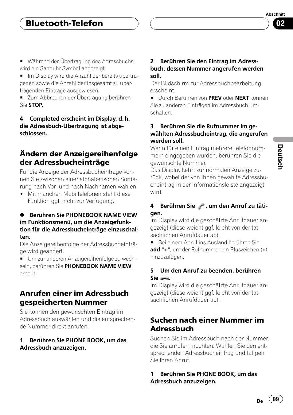 Ändern der anzeigereihenfolge der, Adressbucheinträge, Anrufen einer im adressbuch | Gespeicherten nummer, Suchen nach einer nummer im, Adressbuch, Bluetooth-telefon, Anrufen einer im adressbuch gespeicherten nummer, Suchen nach einer nummer im adressbuch | Pioneer CD-BTB100 User Manual | Page 99 / 175