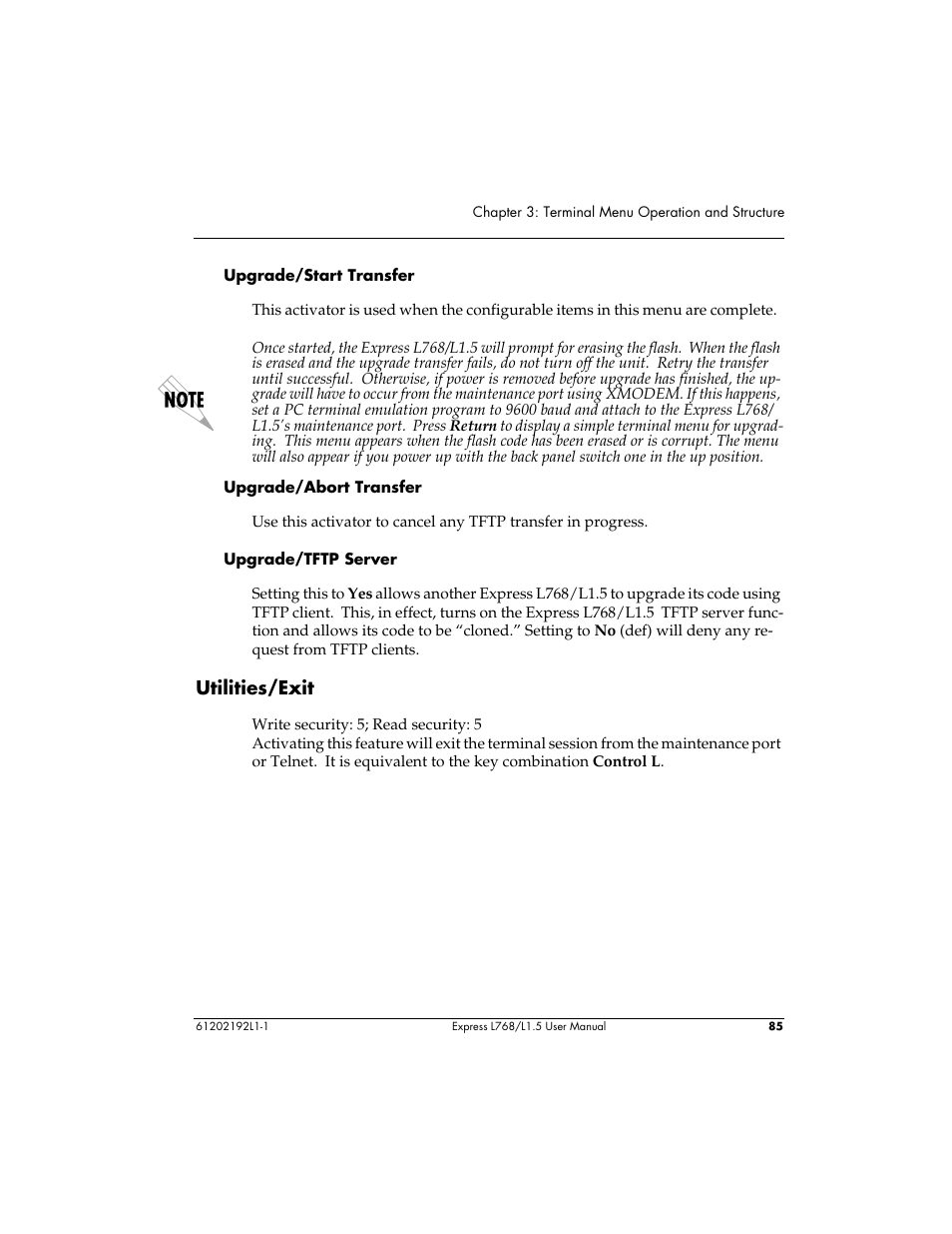 Utilities/exit | ADTRAN L768 User Manual | Page 101 / 145