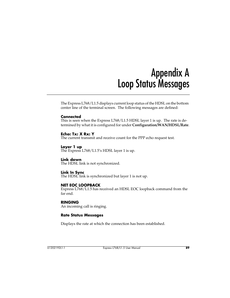 Appendix a loop status messages | ADTRAN L768 User Manual | Page 105 / 145