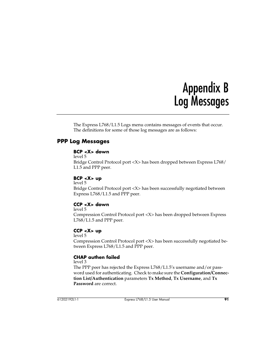 Appendix b log messages | ADTRAN L768 User Manual | Page 107 / 145