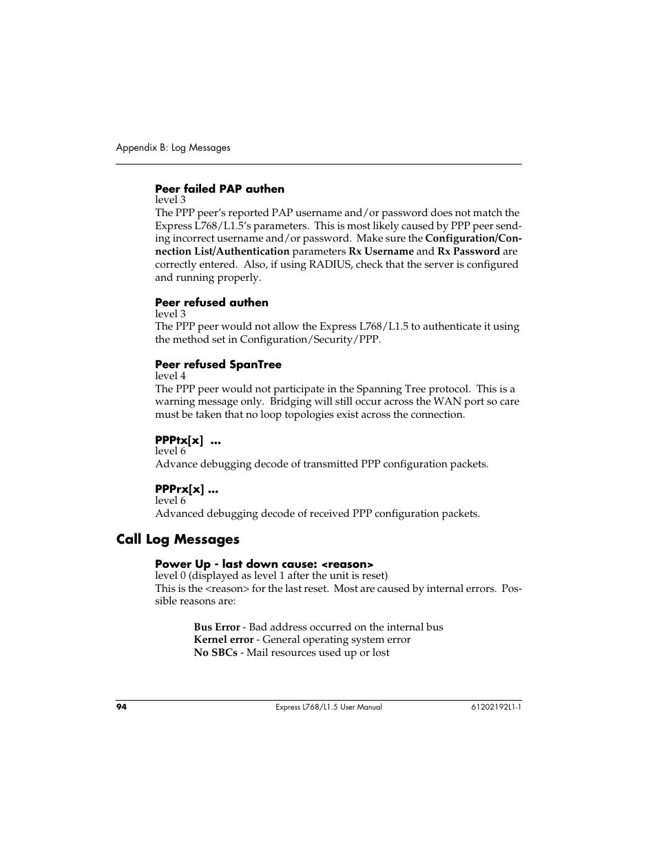 Call log messages | ADTRAN L768 User Manual | Page 110 / 145