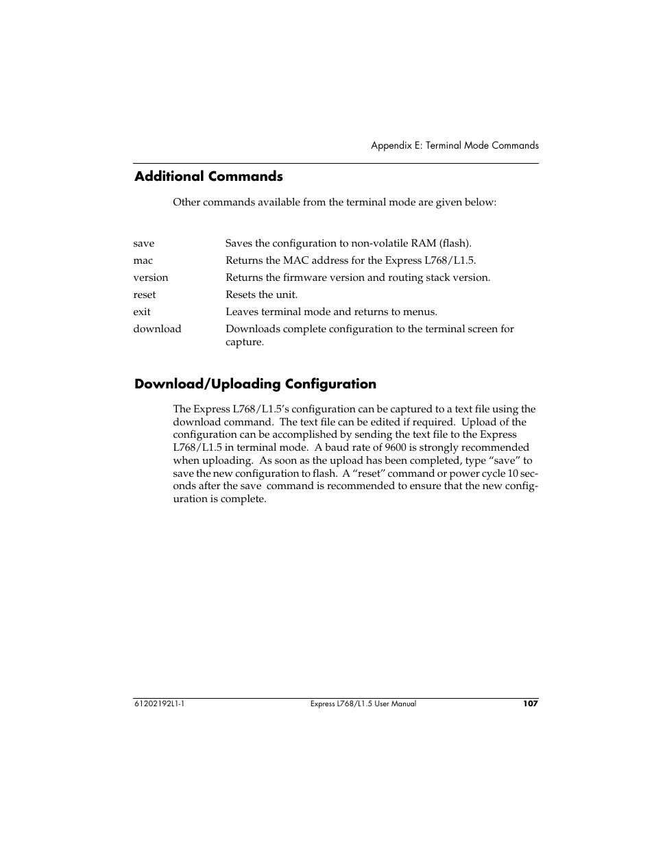 Additional commands, Download/uploading configuration | ADTRAN L768 User Manual | Page 123 / 145