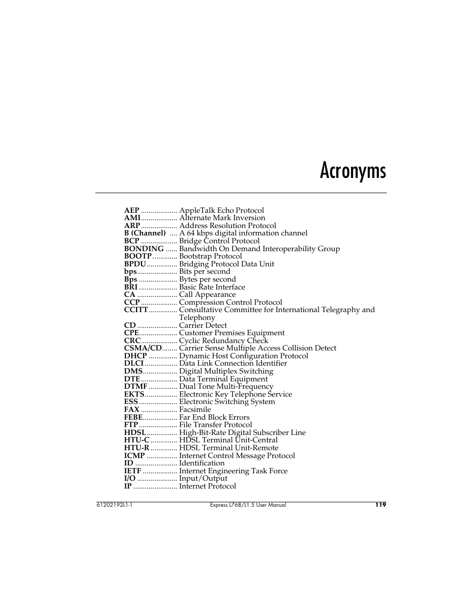 Acronyms | ADTRAN L768 User Manual | Page 135 / 145