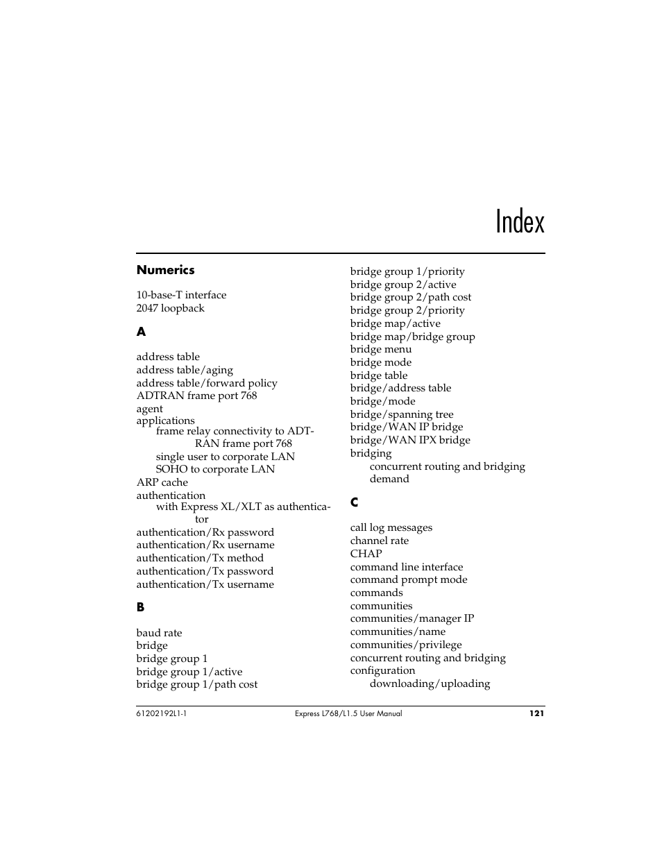 Index | ADTRAN L768 User Manual | Page 137 / 145