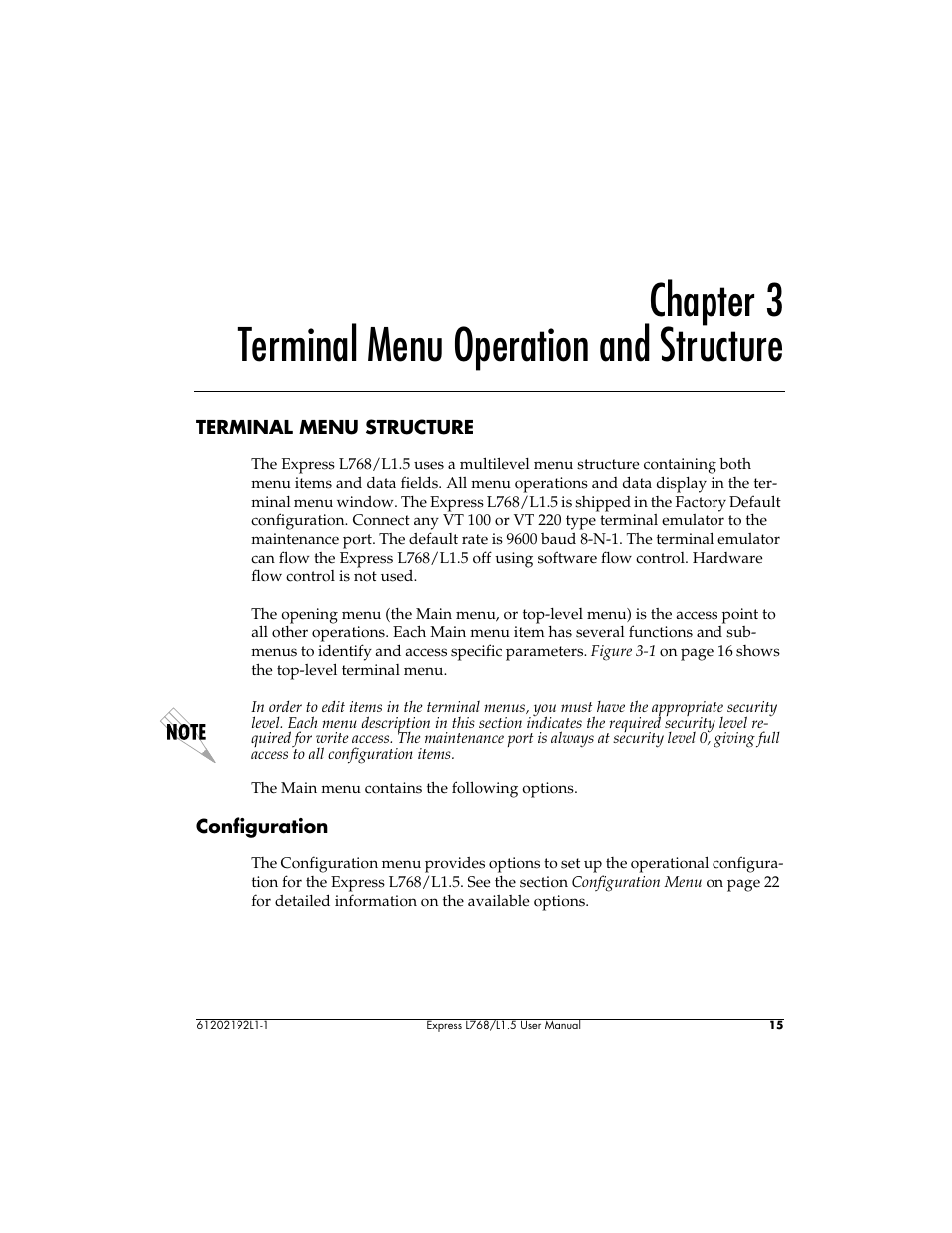 Chapter 3 terminal menu operation and structure | ADTRAN L768 User Manual | Page 31 / 145