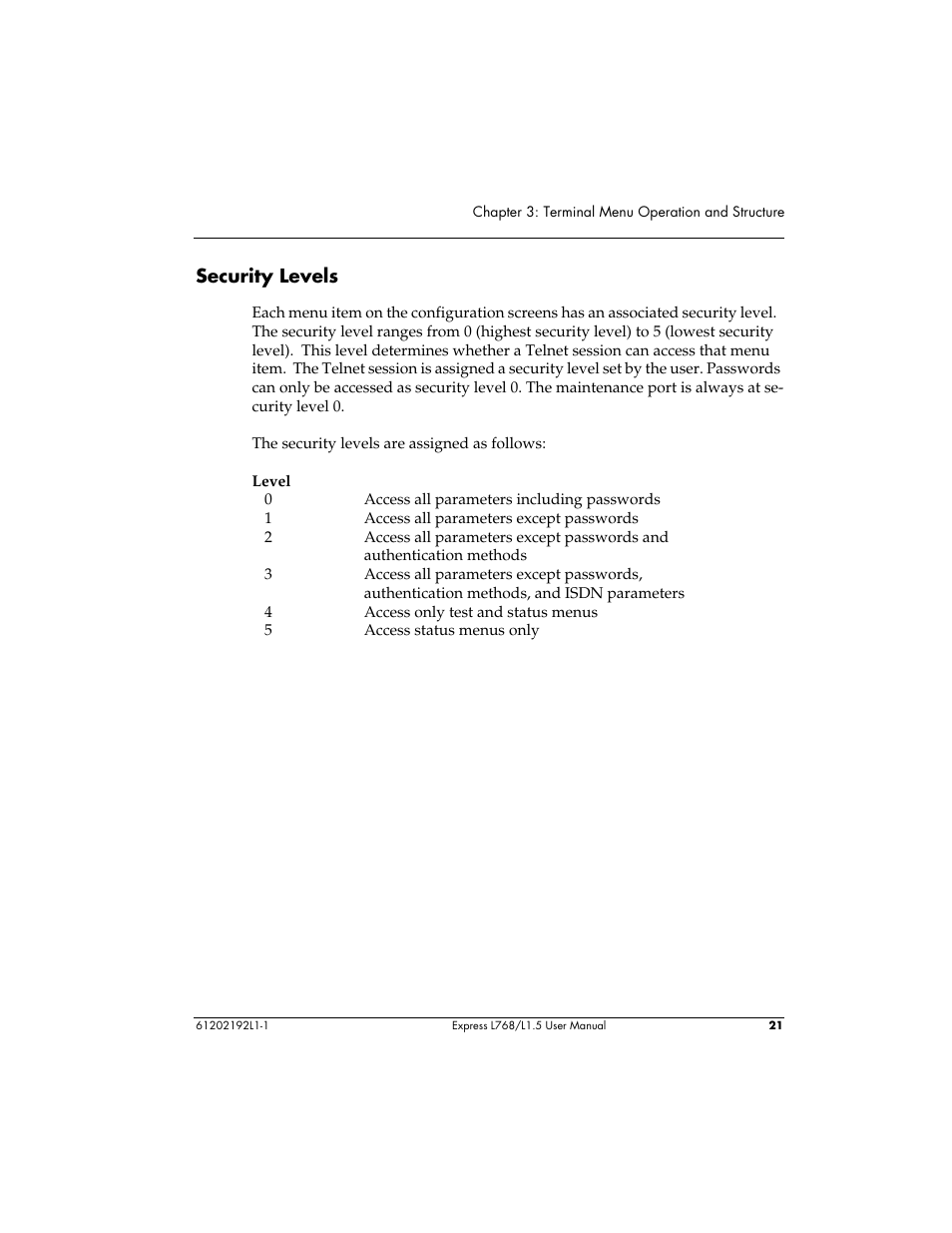 Security levels | ADTRAN L768 User Manual | Page 37 / 145