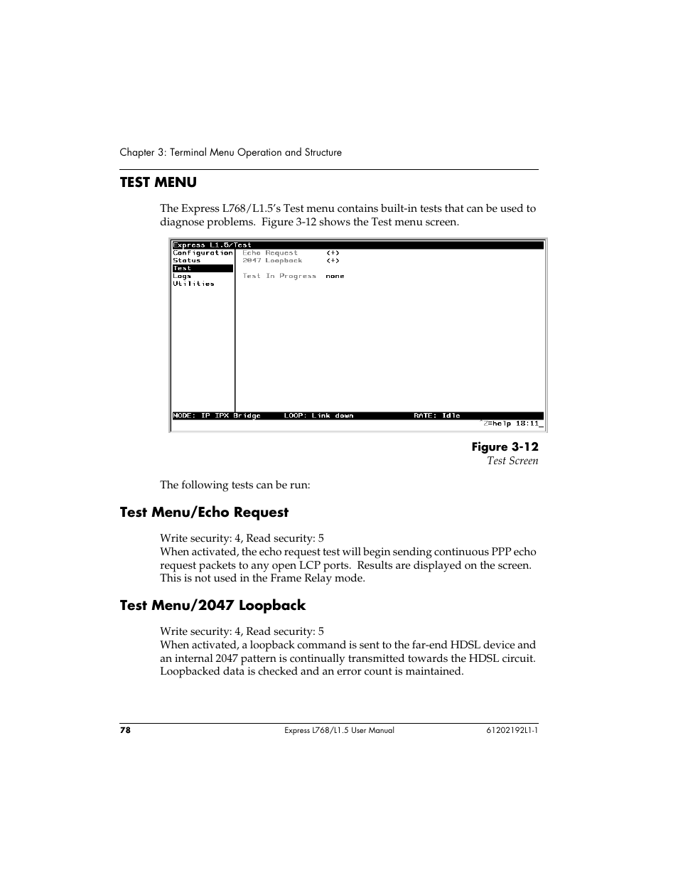 Test menu, Test menu/echo request, Test menu/2047 loopback | ADTRAN L768 User Manual | Page 94 / 145