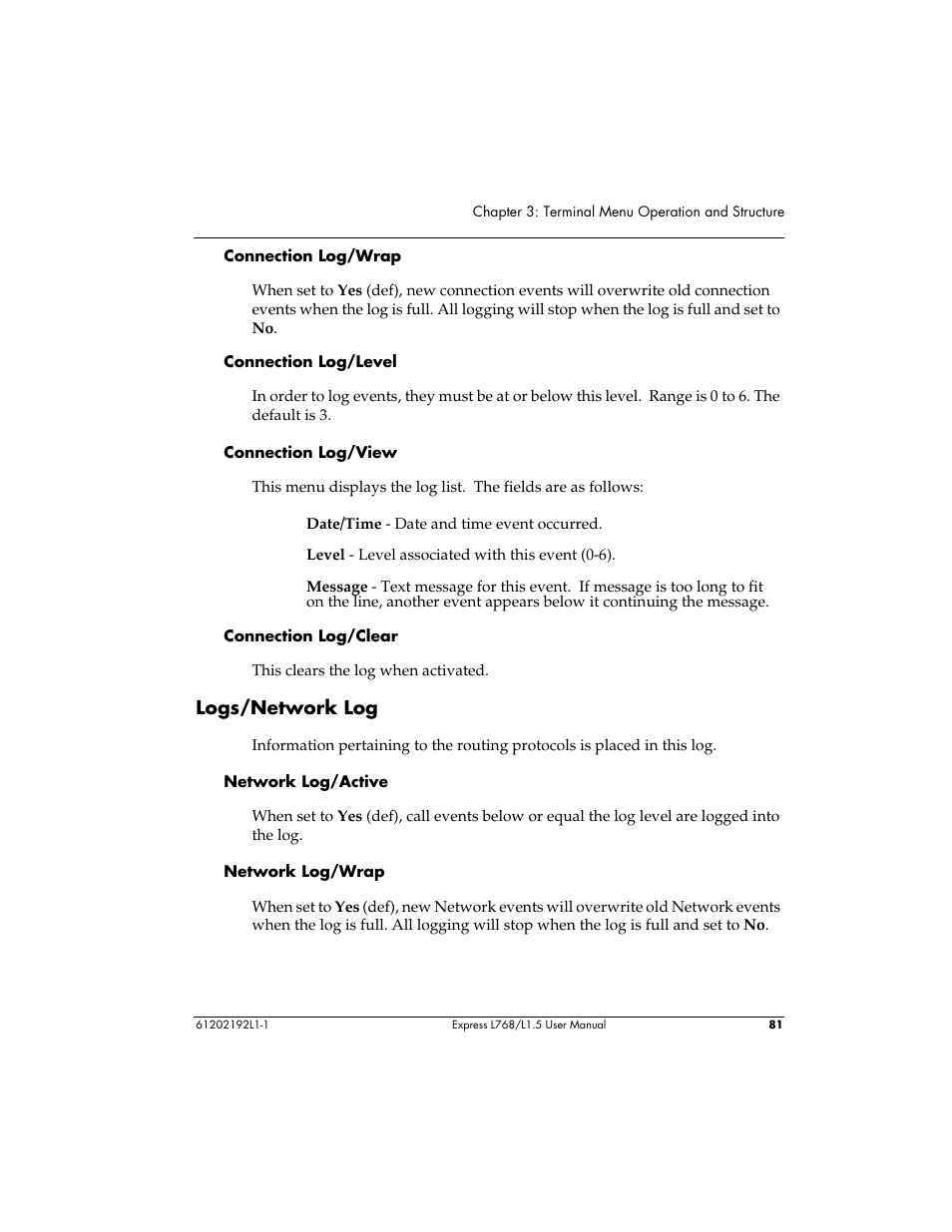 Logs/network log | ADTRAN L768 User Manual | Page 97 / 145