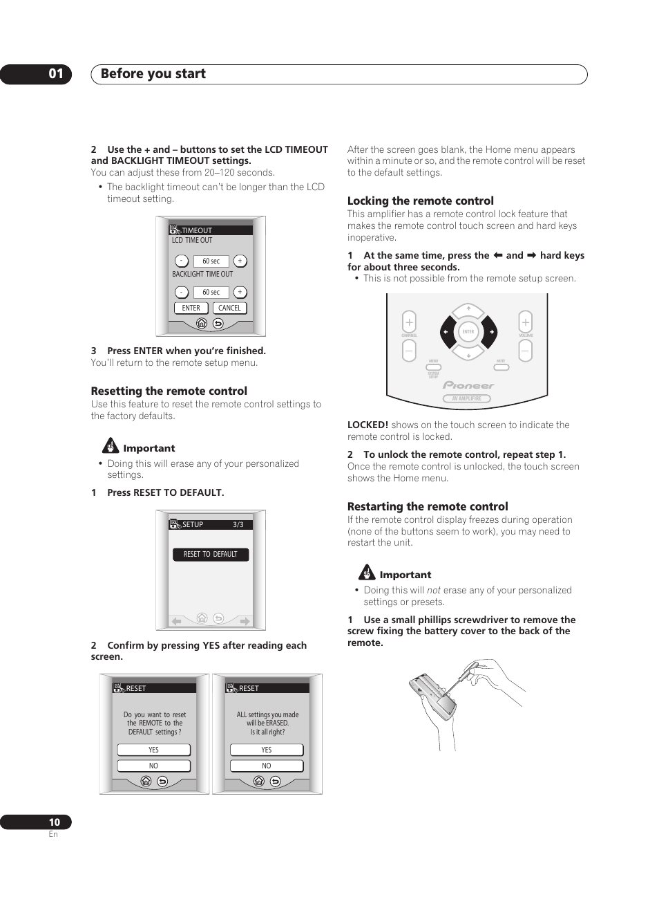 Resetting the remote control, Locking the remote control, Restarting the remote control | Before you start 01 | Pioneer VSA-AX10Ai-S User Manual | Page 10 / 104