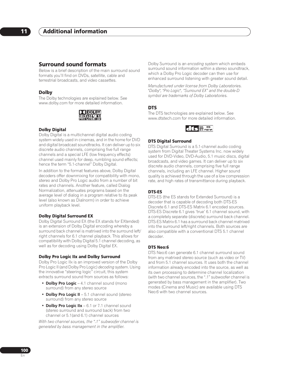 Surround sound formats, Dolby, Additional information 11 | Pioneer VSA-AX10Ai-S User Manual | Page 100 / 104