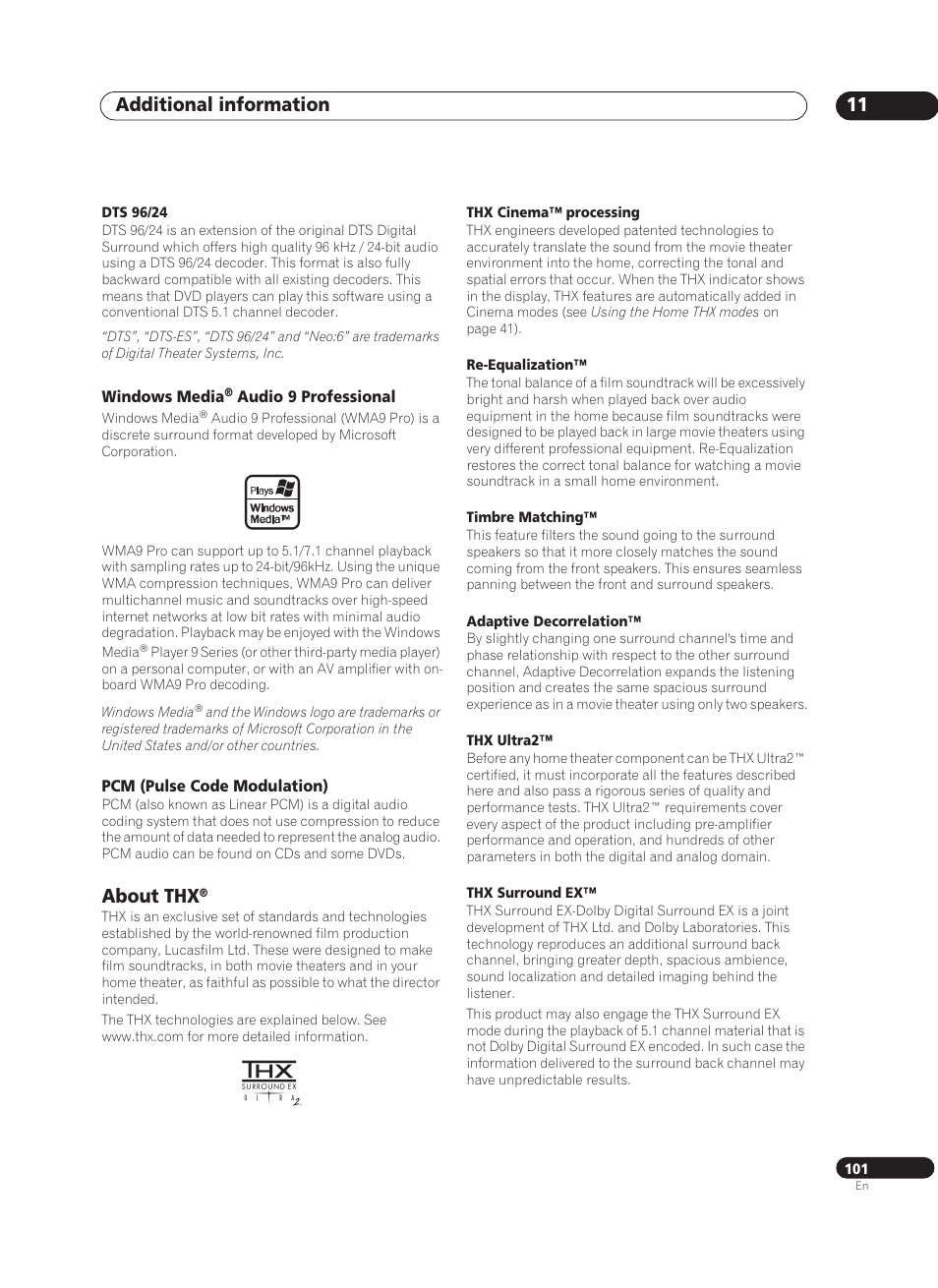 Windows media® audio 9 professional, Pcm (pulse code modulation), About thx | Additional information 11 | Pioneer VSA-AX10Ai-S User Manual | Page 101 / 104