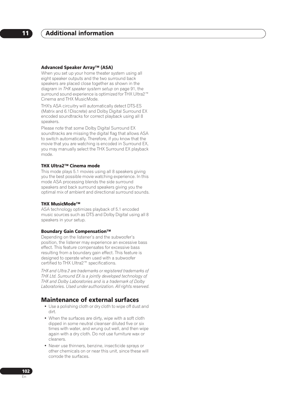 Maintenance of external surfaces, Additional information 11 | Pioneer VSA-AX10Ai-S User Manual | Page 102 / 104