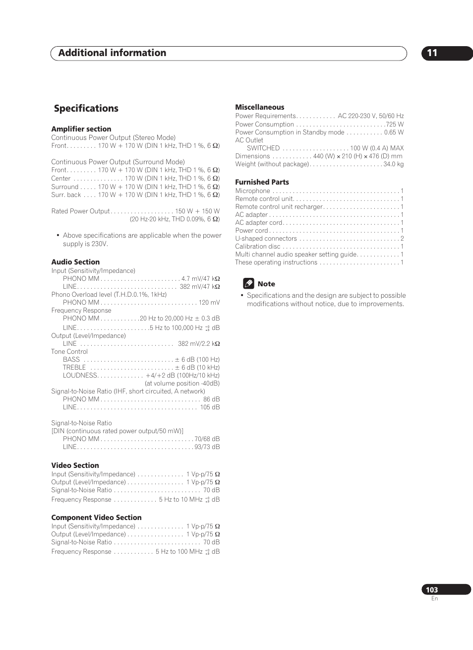 Specifications, Additional information 11 | Pioneer VSA-AX10Ai-S User Manual | Page 103 / 104