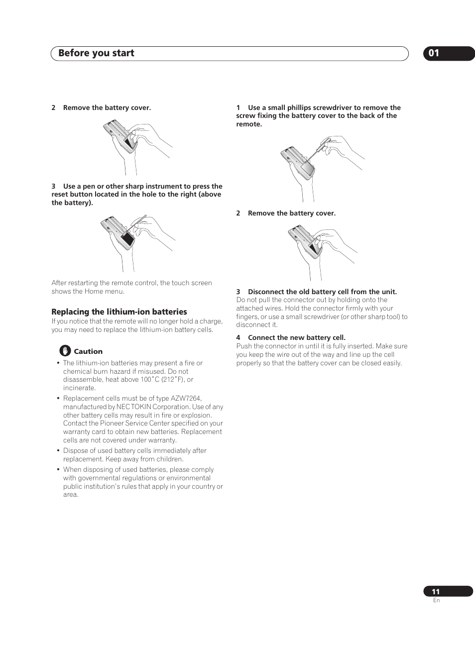 Replacing the lithium-ion batteries, Before you start 01 | Pioneer VSA-AX10Ai-S User Manual | Page 11 / 104