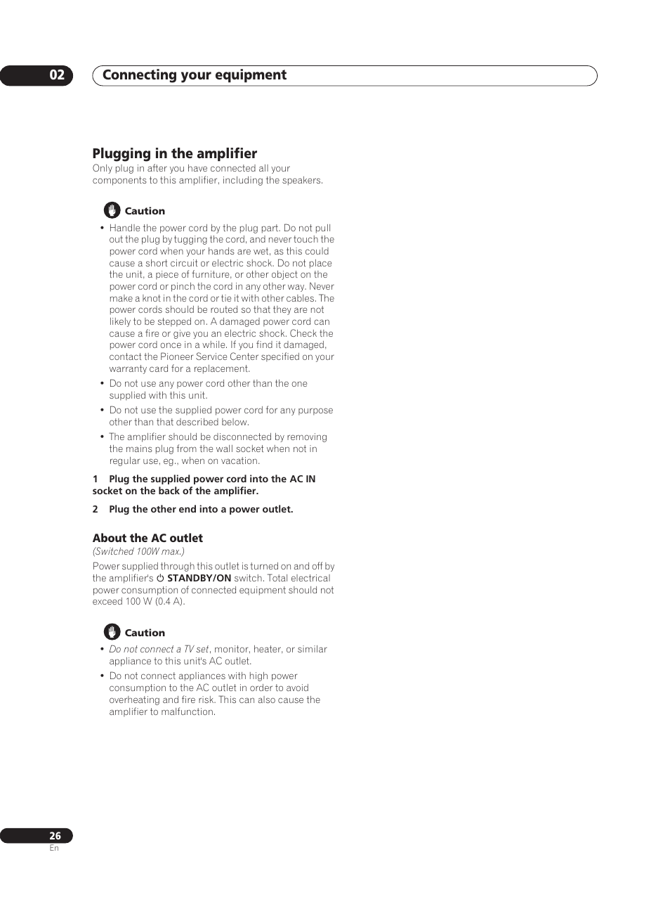 Plugging in the amplifier, About the ac outlet, Connecting your equipment 02 | Pioneer VSA-AX10Ai-S User Manual | Page 26 / 104