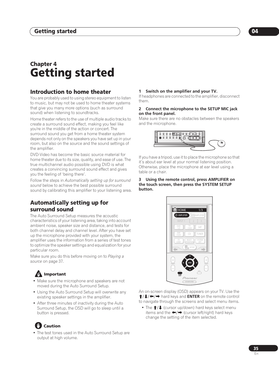 04 getting started, Introduction to home theater, Automatically setting up for surround sound | Getting started, Getting started 04, Chapter 4 | Pioneer VSA-AX10Ai-S User Manual | Page 35 / 104