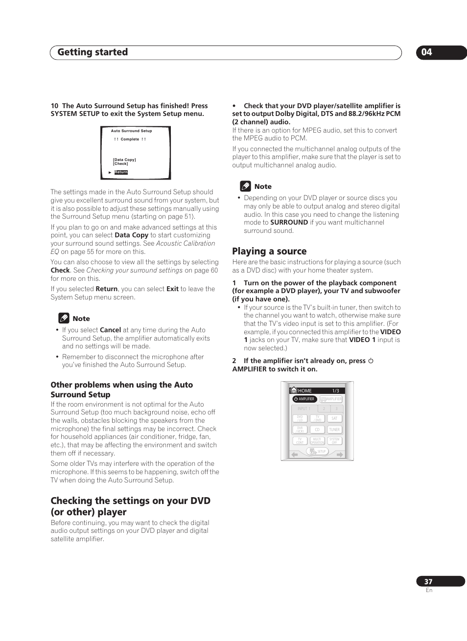 Other problems when using the auto surround setup, Playing a source, Getting started 04 | Pioneer VSA-AX10Ai-S User Manual | Page 37 / 104