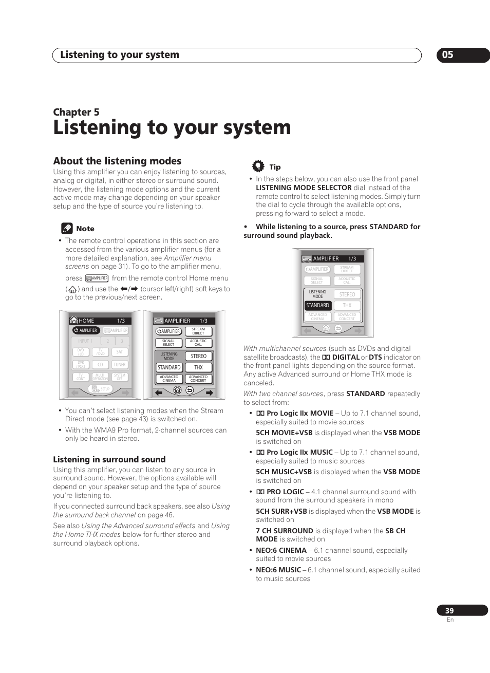 05 listening to your system, About the listening modes, Listening in surround sound | Listening to your system, Listening to your system 05, Chapter 5 | Pioneer VSA-AX10Ai-S User Manual | Page 39 / 104