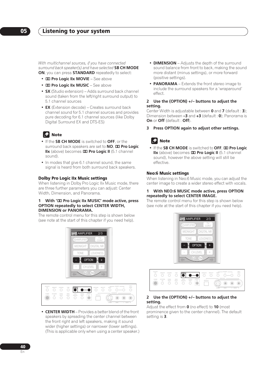 Listening to your system 05, Dolby pro logic iix music settings, Neo:6 music settings | Pioneer VSA-AX10Ai-S User Manual | Page 40 / 104