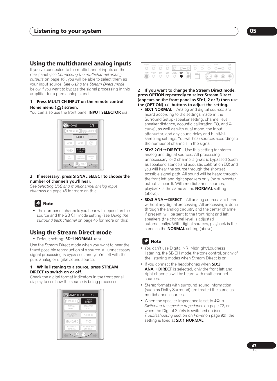Using the multichannel analog inputs, Using the stream direct mode, Listening to your system 05 | Pioneer VSA-AX10Ai-S User Manual | Page 43 / 104