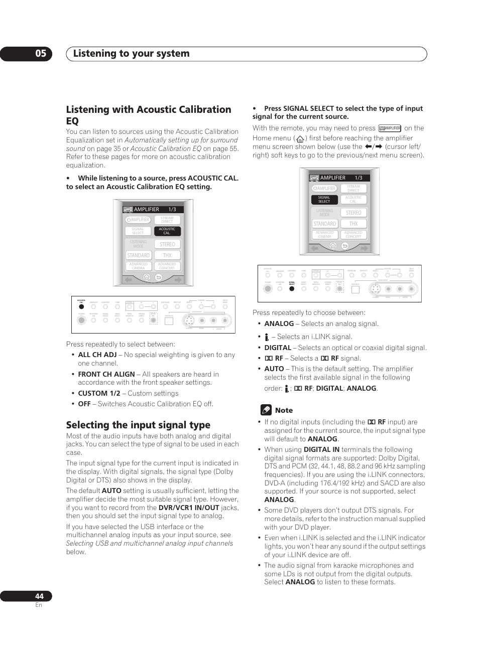 Listening with acoustic calibration eq, Selecting the input signal type, Listening to your system 05 | Pioneer VSA-AX10Ai-S User Manual | Page 44 / 104