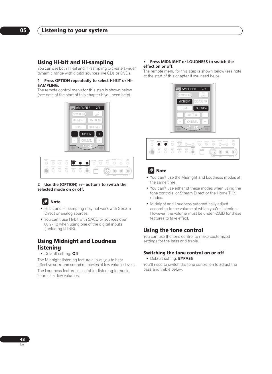 Using hi-bit and hi-sampling, Using midnight and loudness listening, Using the tone control | Switching the tone control on or off, Listening to your system 05 | Pioneer VSA-AX10Ai-S User Manual | Page 48 / 104