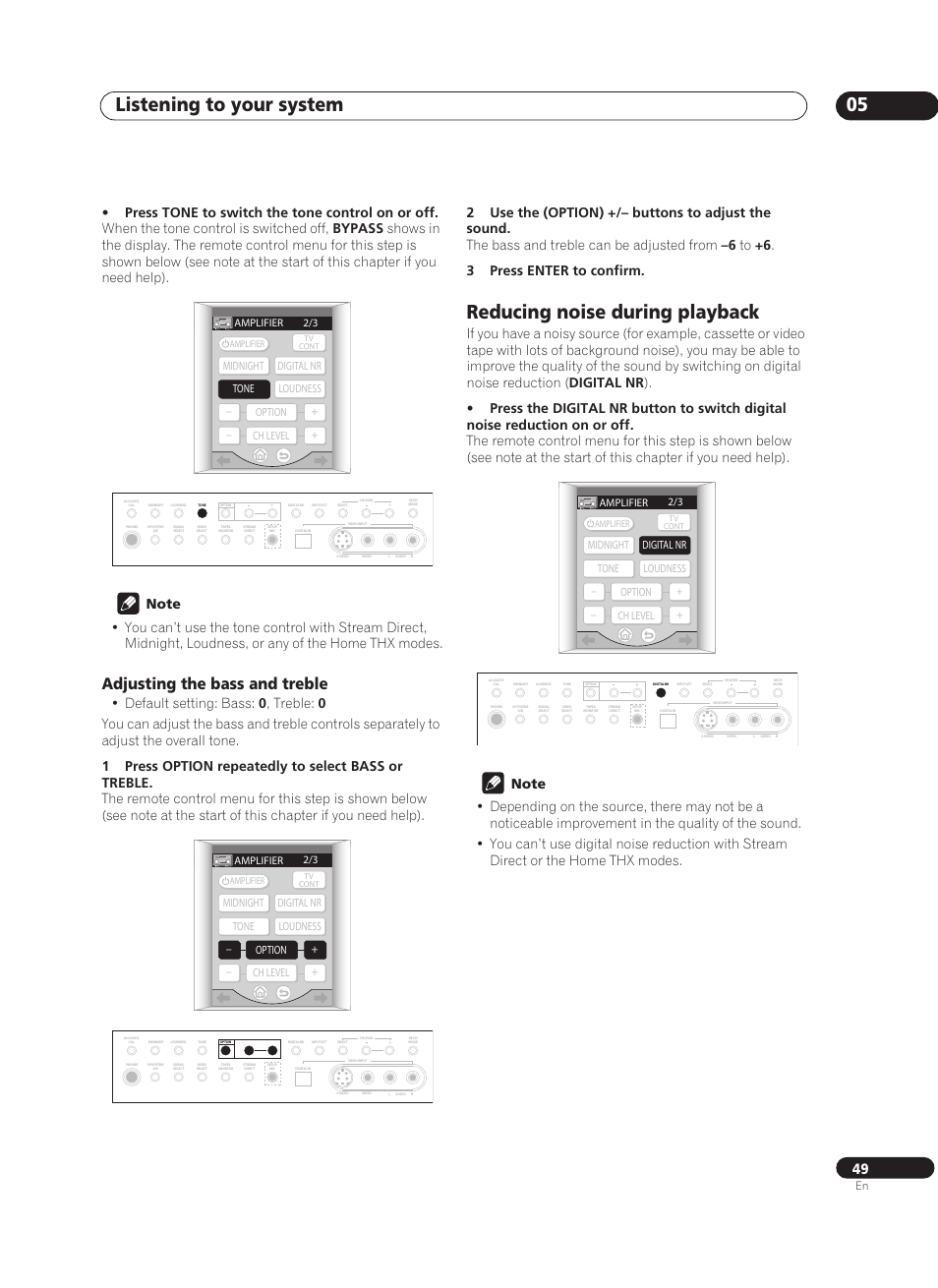 Adjusting the bass and treble, Reducing noise during playback, Listening to your system 05 | Amplifier 2/3 | Pioneer VSA-AX10Ai-S User Manual | Page 49 / 104
