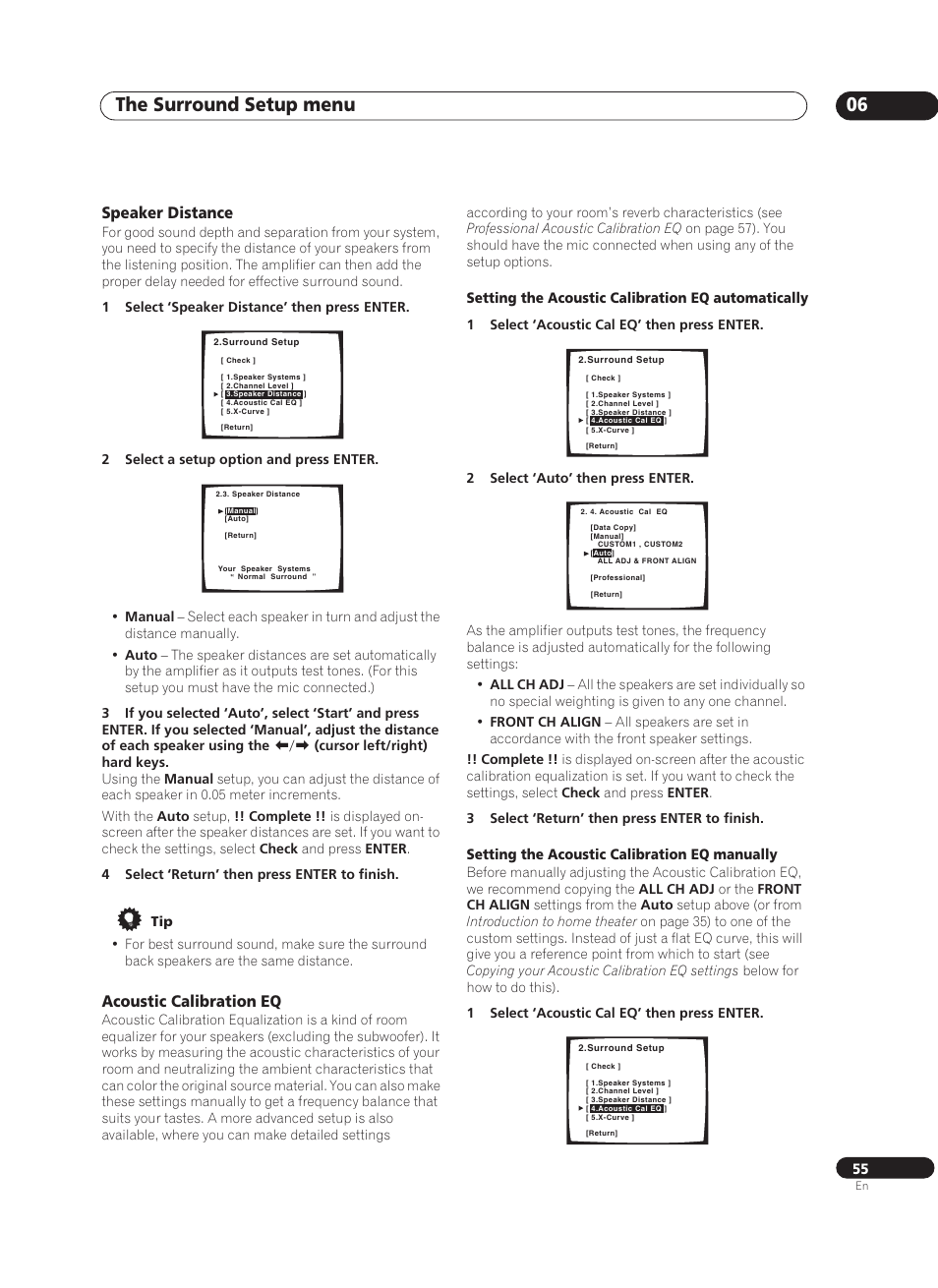 Speaker distance, Acoustic calibration eq, The surround setup menu 06 | Setting the acoustic calibration eq automatically, Setting the acoustic calibration eq manually | Pioneer VSA-AX10Ai-S User Manual | Page 55 / 104