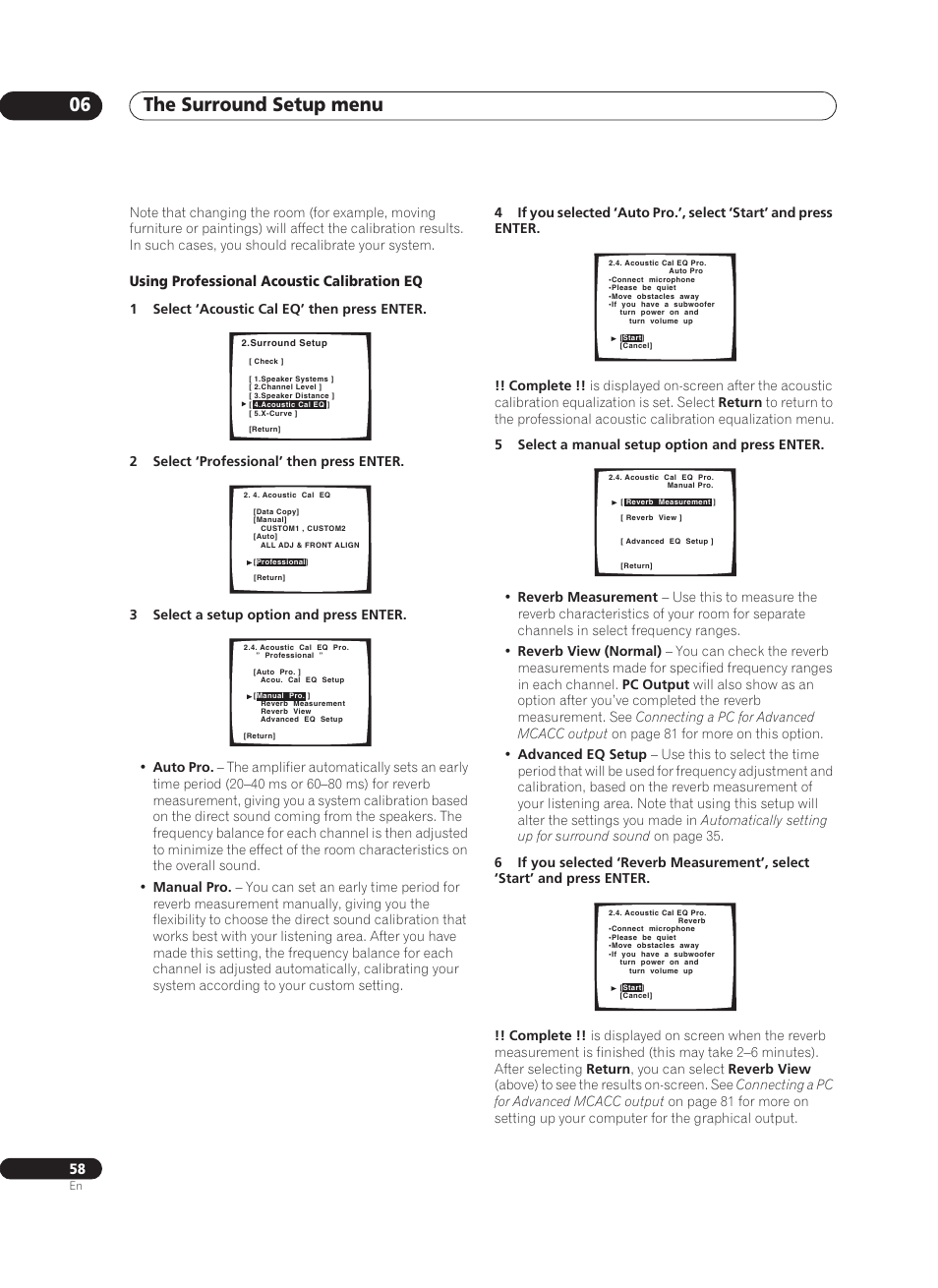 The surround setup menu 06, Using professional acoustic calibration eq | Pioneer VSA-AX10Ai-S User Manual | Page 58 / 104