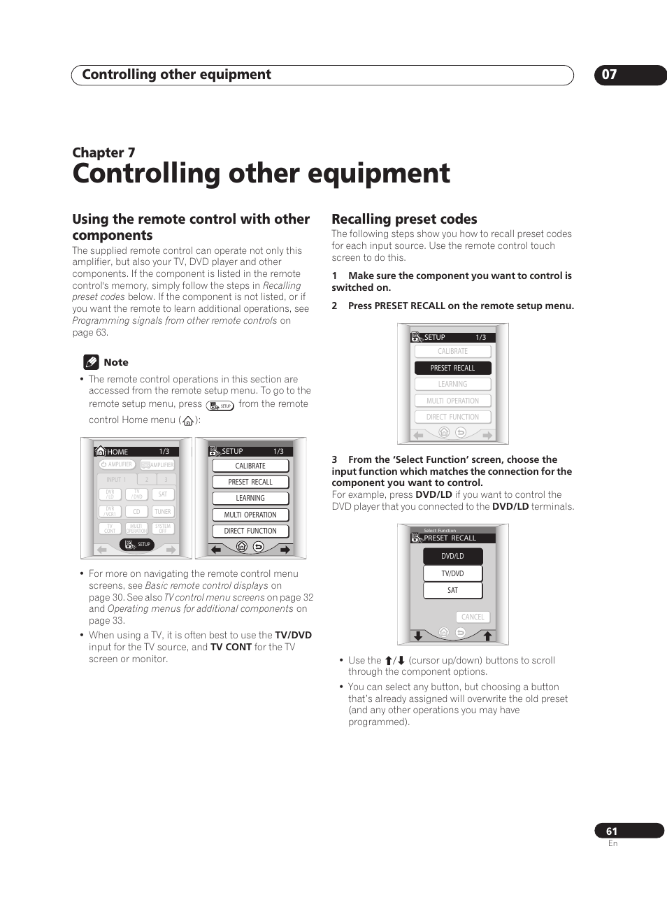 07 controlling other equipment, Using the remote control with other components, Recalling preset codes | Controlling other equipment, Controlling other equipment 07, Chapter 7 | Pioneer VSA-AX10Ai-S User Manual | Page 61 / 104