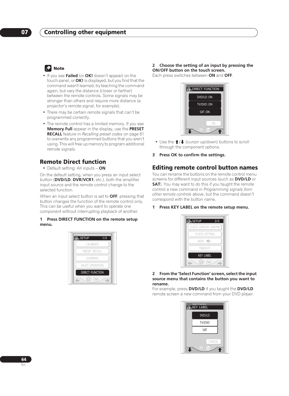 Remote direct function, Editing remote control button names, Controlling other equipment 07 | Pioneer VSA-AX10Ai-S User Manual | Page 64 / 104