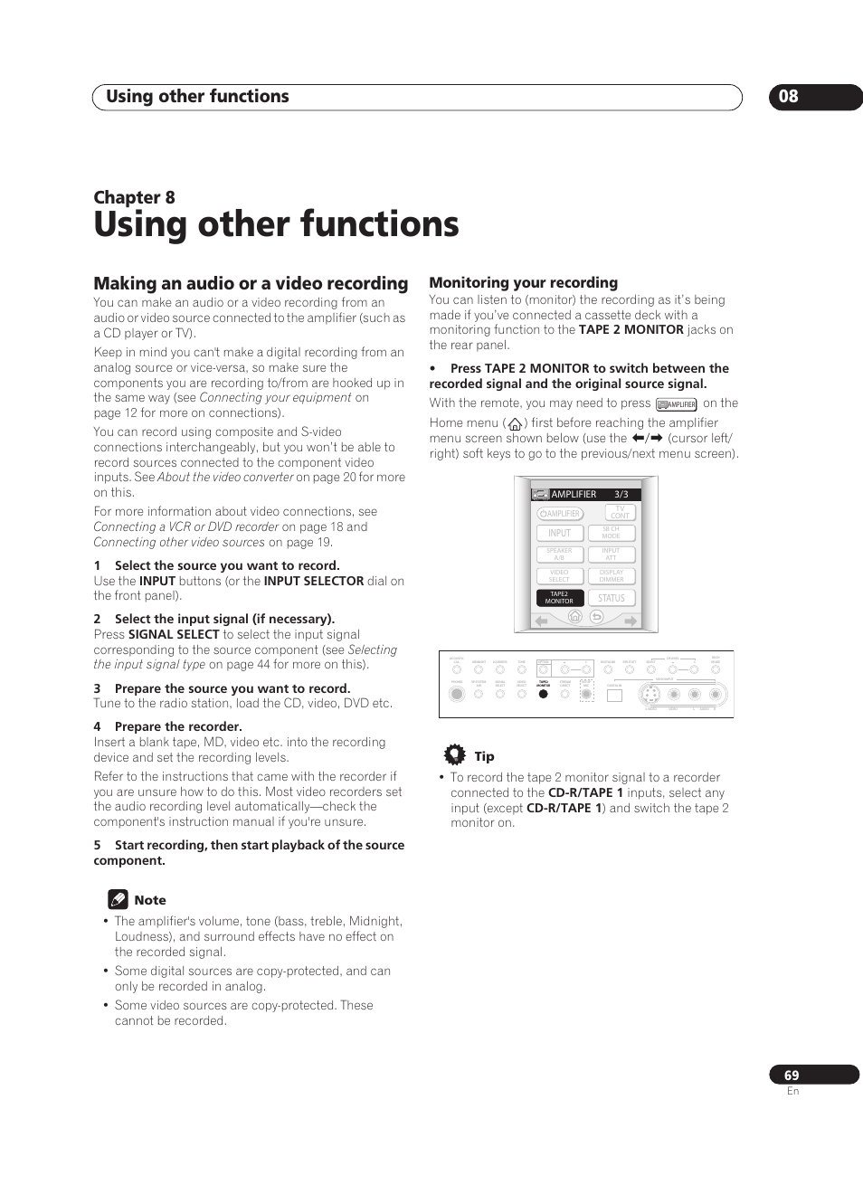 08 using other functions, Making an audio or a video recording, Monitoring your recording | Using other functions, Using other functions 08, Chapter 8 | Pioneer VSA-AX10Ai-S User Manual | Page 69 / 104