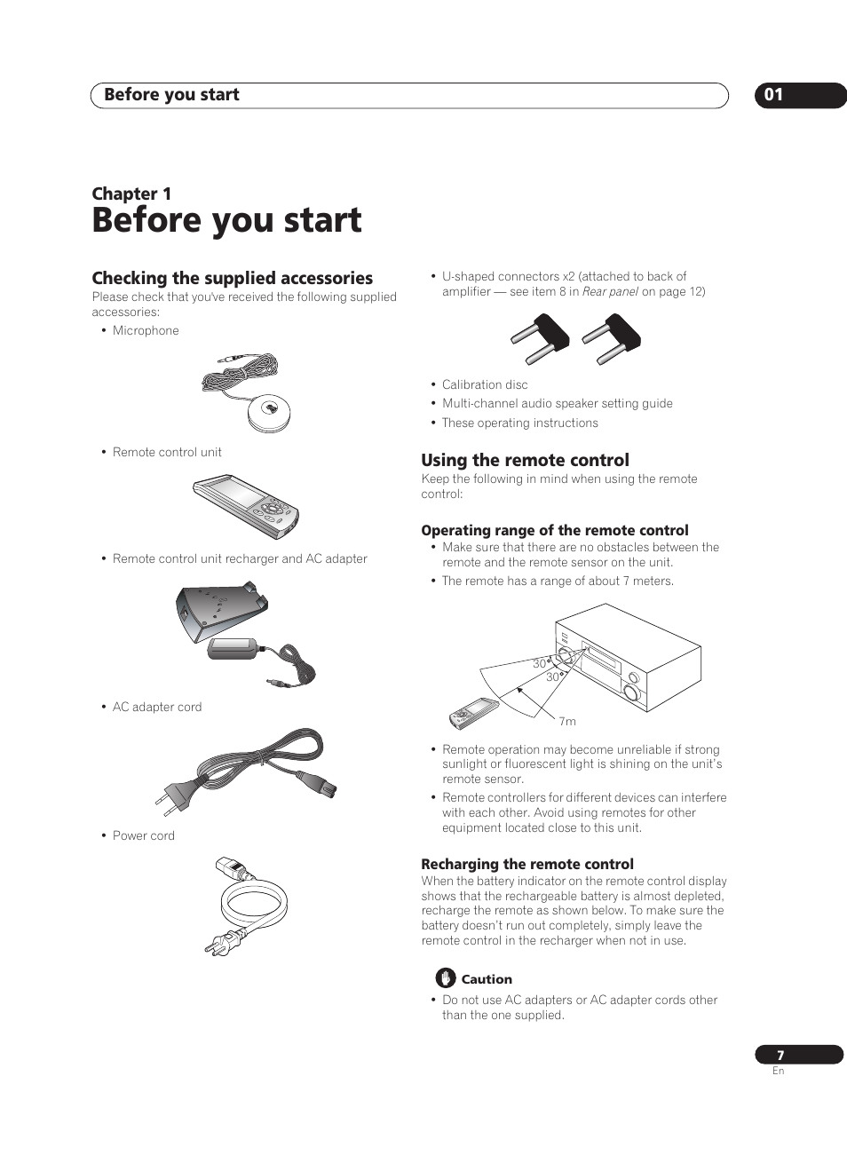 01 before you start, Checking the supplied accessories, Using the remote control | Operating range of the remote control, Recharging the remote control, Before you start, Before you start 01, Chapter 1 | Pioneer VSA-AX10Ai-S User Manual | Page 7 / 104