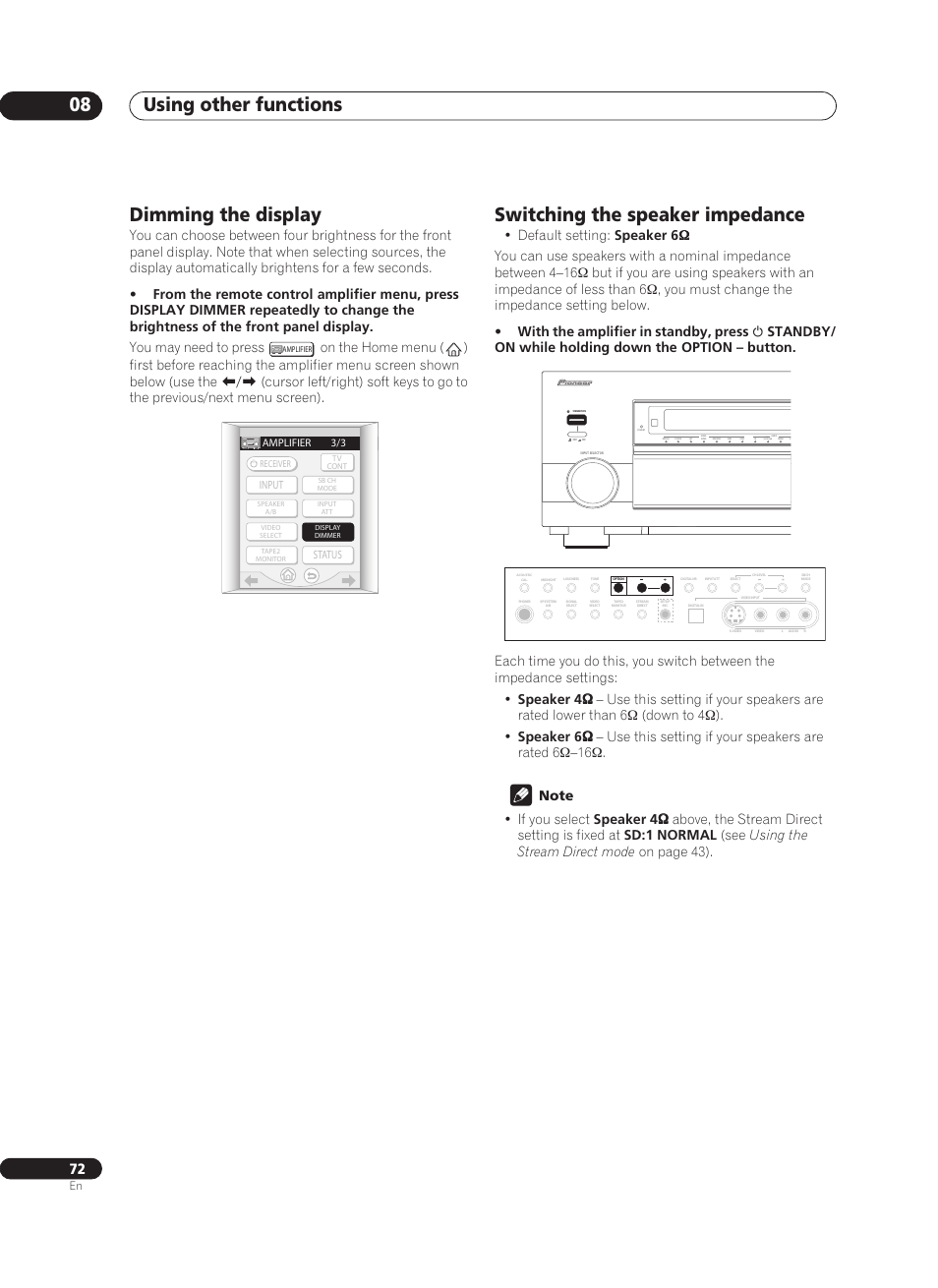 Dimming the display, Switching the speaker impedance, Using other functions 08 | Cd-r/ tape1/md | Pioneer VSA-AX10Ai-S User Manual | Page 72 / 104