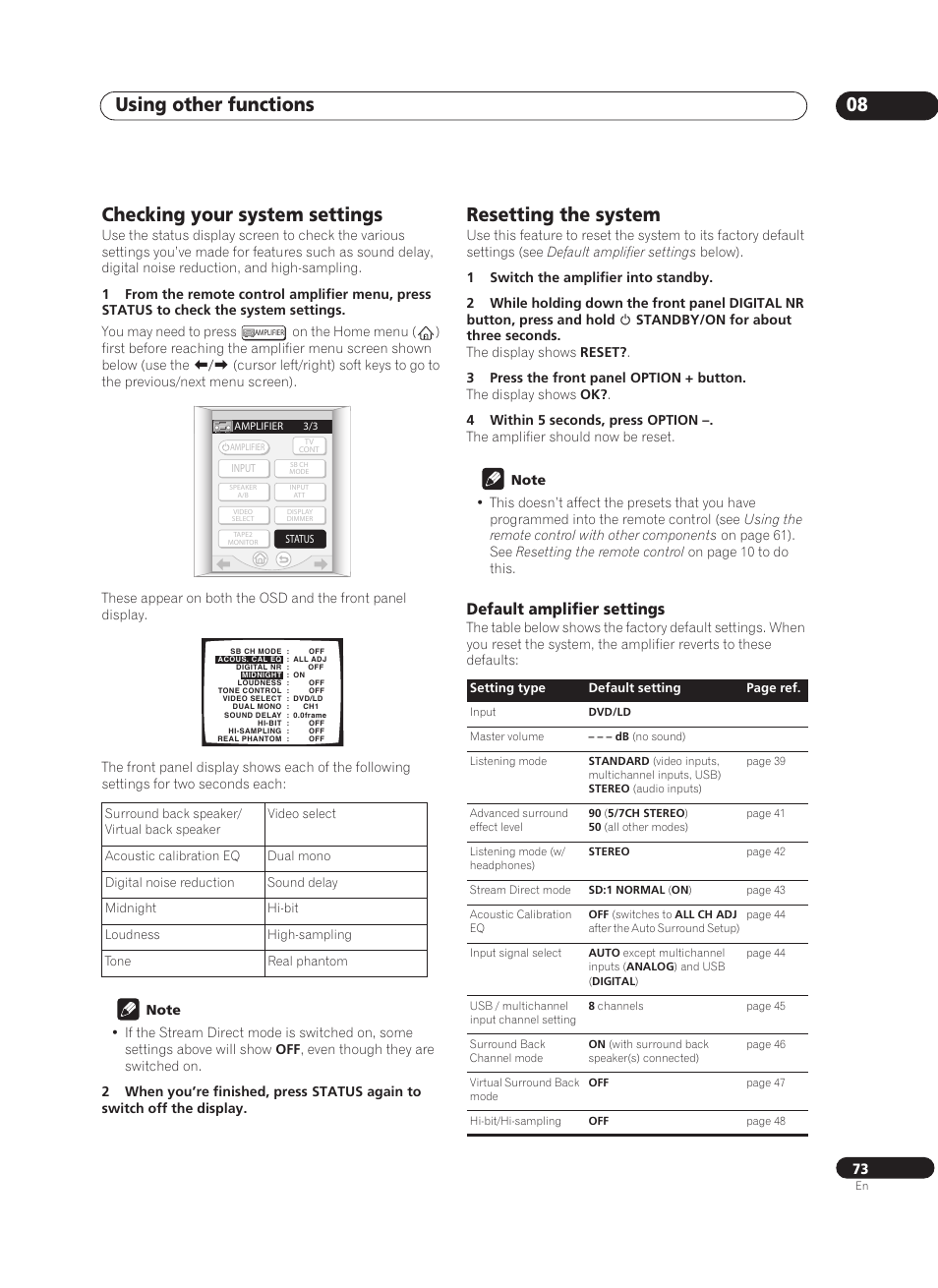Checking your system settings, Resetting the system, Default amplifier settings | Using other functions 08 | Pioneer VSA-AX10Ai-S User Manual | Page 73 / 104