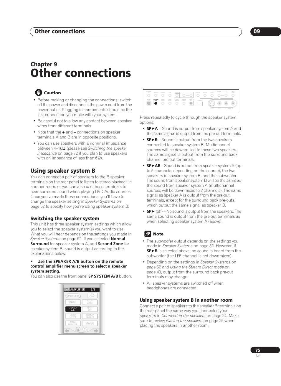 09 other connections, Using speaker system b, Switching the speaker system | Using speaker system b in another room, Other connections, Other connections 09, Chapter 9 | Pioneer VSA-AX10Ai-S User Manual | Page 75 / 104