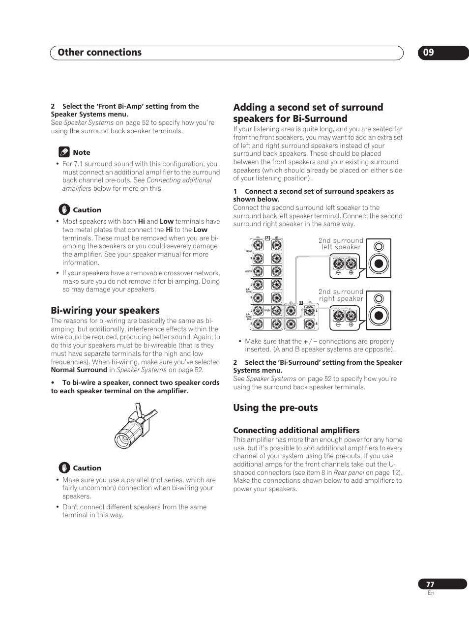 Bi-wiring your speakers, Using the pre-outs, Connecting additional amplifiers | Other connections 09 | Pioneer VSA-AX10Ai-S User Manual | Page 77 / 104