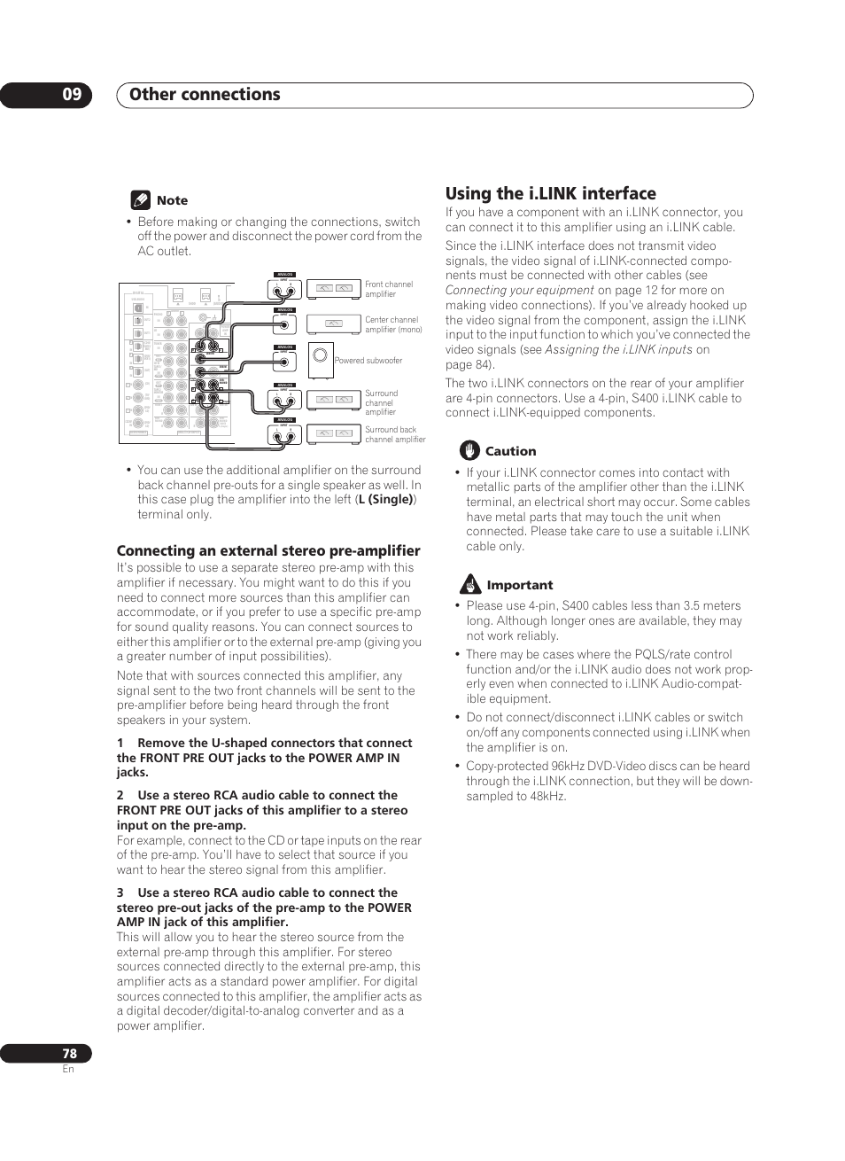 Connecting an external stereo pre-amplifier, Using the i.link interface, Other connections 09 | Pioneer VSA-AX10Ai-S User Manual | Page 78 / 104