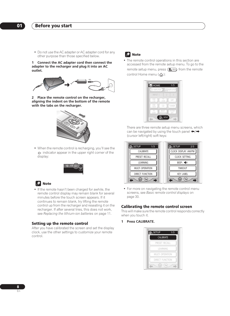 Setting up the remote control, Calibrating the remote control screen, Before you start 01 | Pioneer VSA-AX10Ai-S User Manual | Page 8 / 104