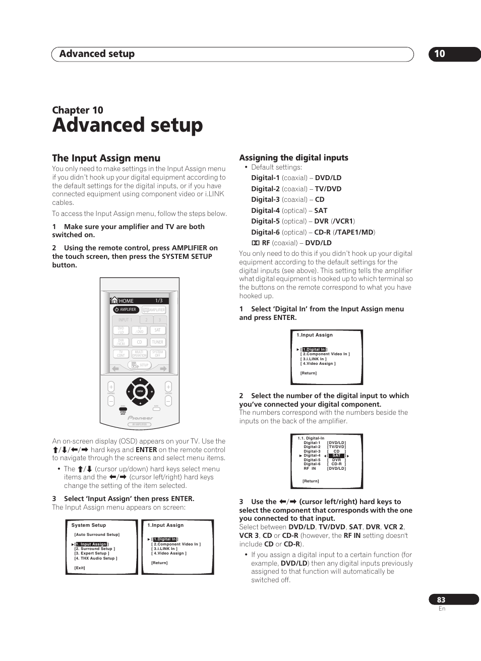 10 advanced setup, The input assign menu, Assigning the digital inputs | Advanced setup, Advanced setup 10, Chapter 10 | Pioneer VSA-AX10Ai-S User Manual | Page 83 / 104