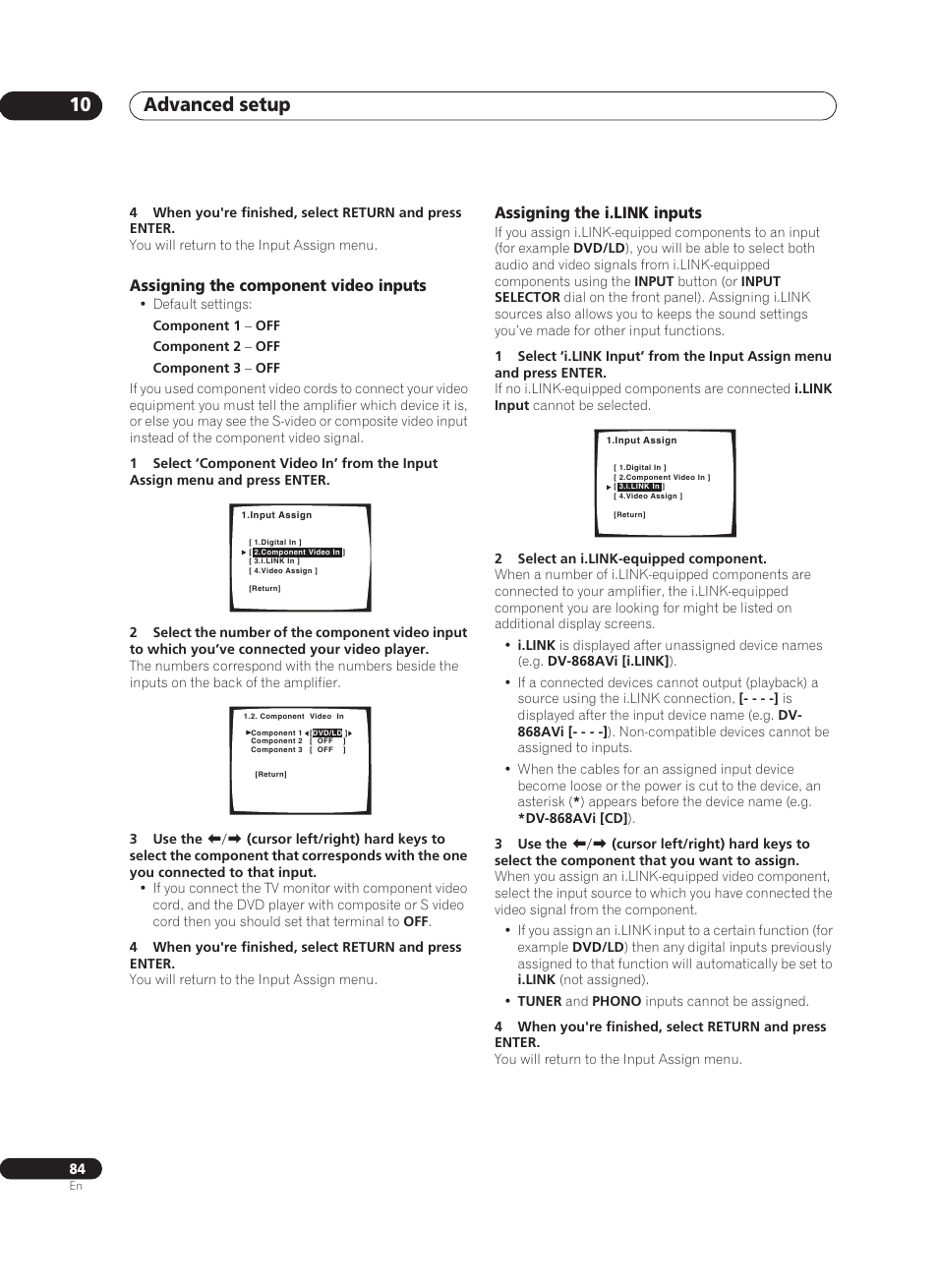 Assigning the component video inputs, Assigning the i.link inputs, Advanced setup 10 | Pioneer VSA-AX10Ai-S User Manual | Page 84 / 104