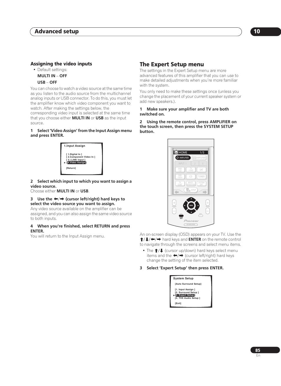 Assigning the video inputs, The expert setup menu, Advanced setup 10 | Pioneer VSA-AX10Ai-S User Manual | Page 85 / 104