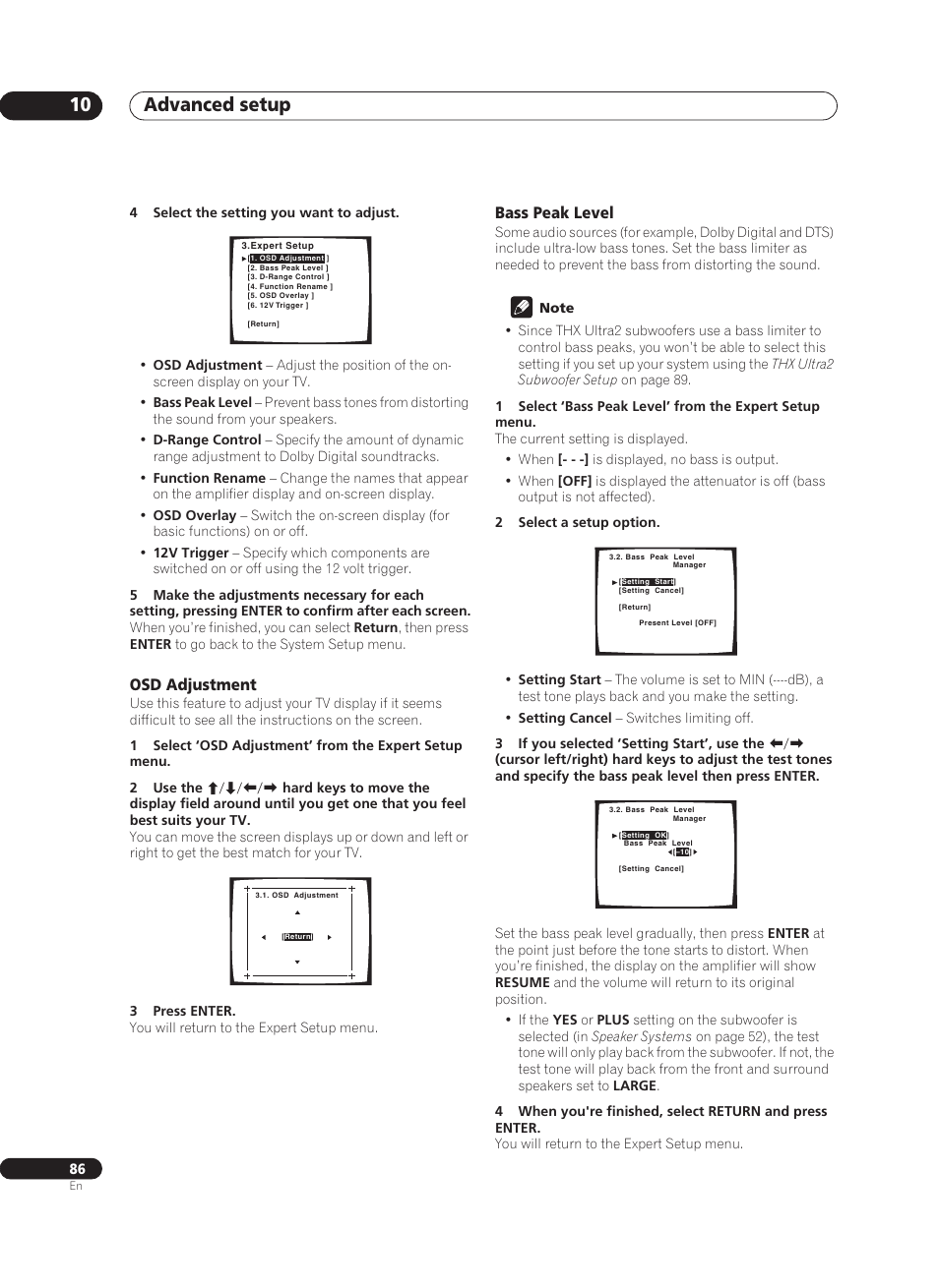 Osd adjustment, Bass peak level, Advanced setup 10 | Pioneer VSA-AX10Ai-S User Manual | Page 86 / 104