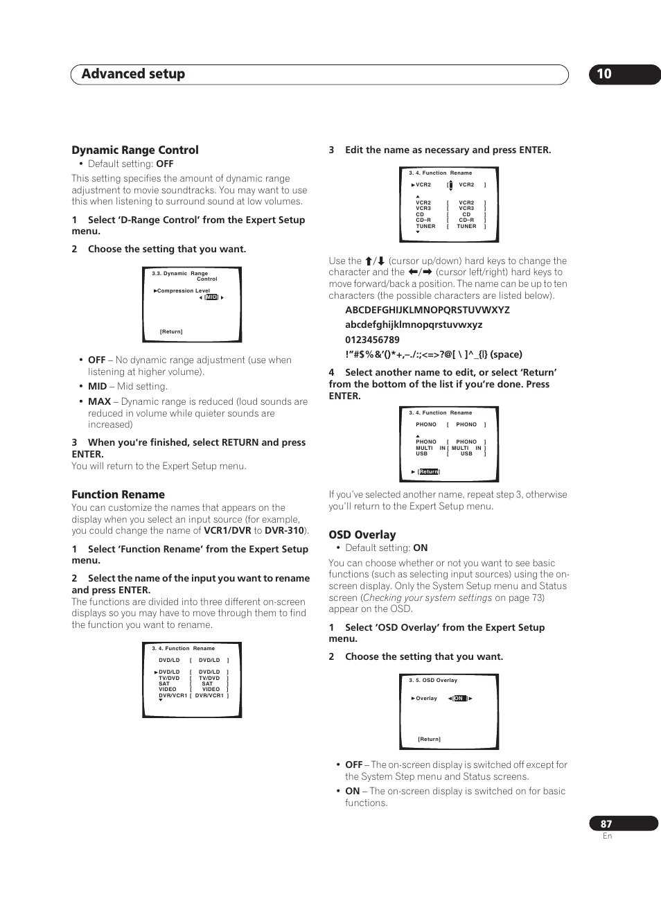 Dynamic range control, Function rename, Osd overlay | Advanced setup 10 | Pioneer VSA-AX10Ai-S User Manual | Page 87 / 104