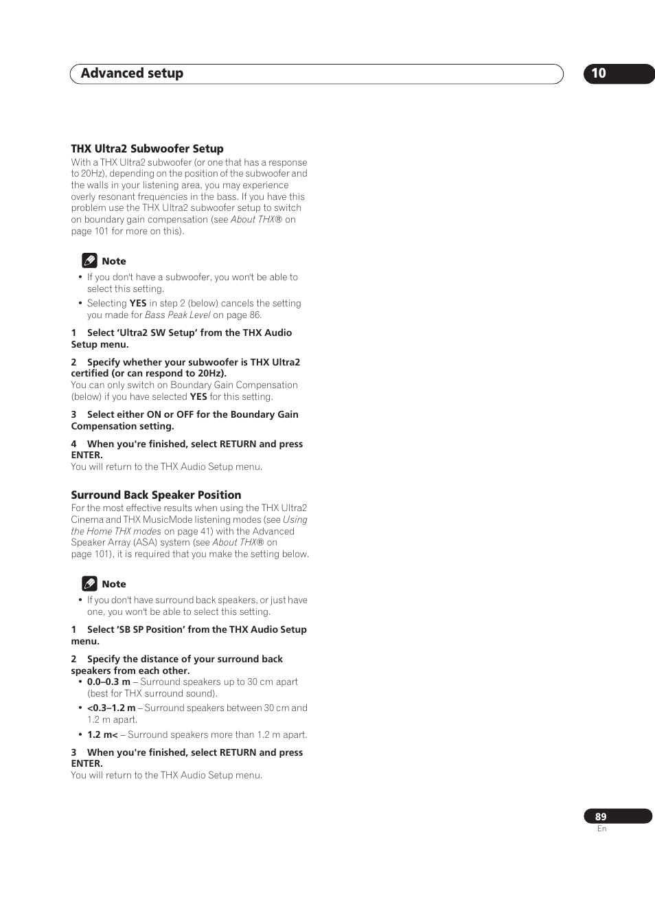 Thx ultra2 subwoofer setup, Surround back speaker position, Advanced setup 10 | Pioneer VSA-AX10Ai-S User Manual | Page 89 / 104