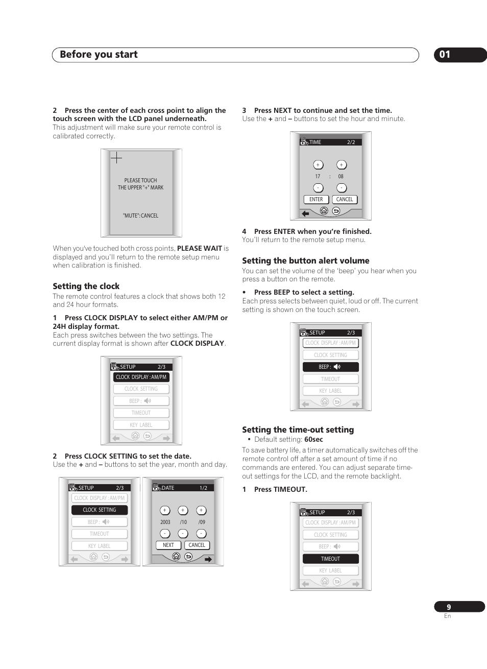 Setting the clock, Setting the button alert volume, Setting the time-out setting | Before you start 01 | Pioneer VSA-AX10Ai-S User Manual | Page 9 / 104