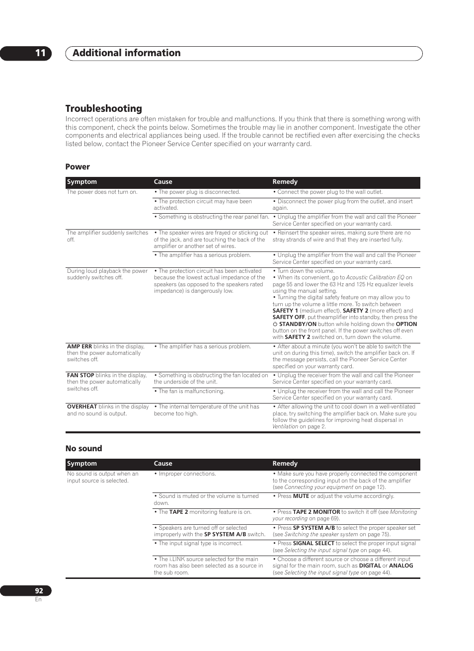 Troubleshooting, Power, No sound | Additional information 11, Power no sound | Pioneer VSA-AX10Ai-S User Manual | Page 92 / 104
